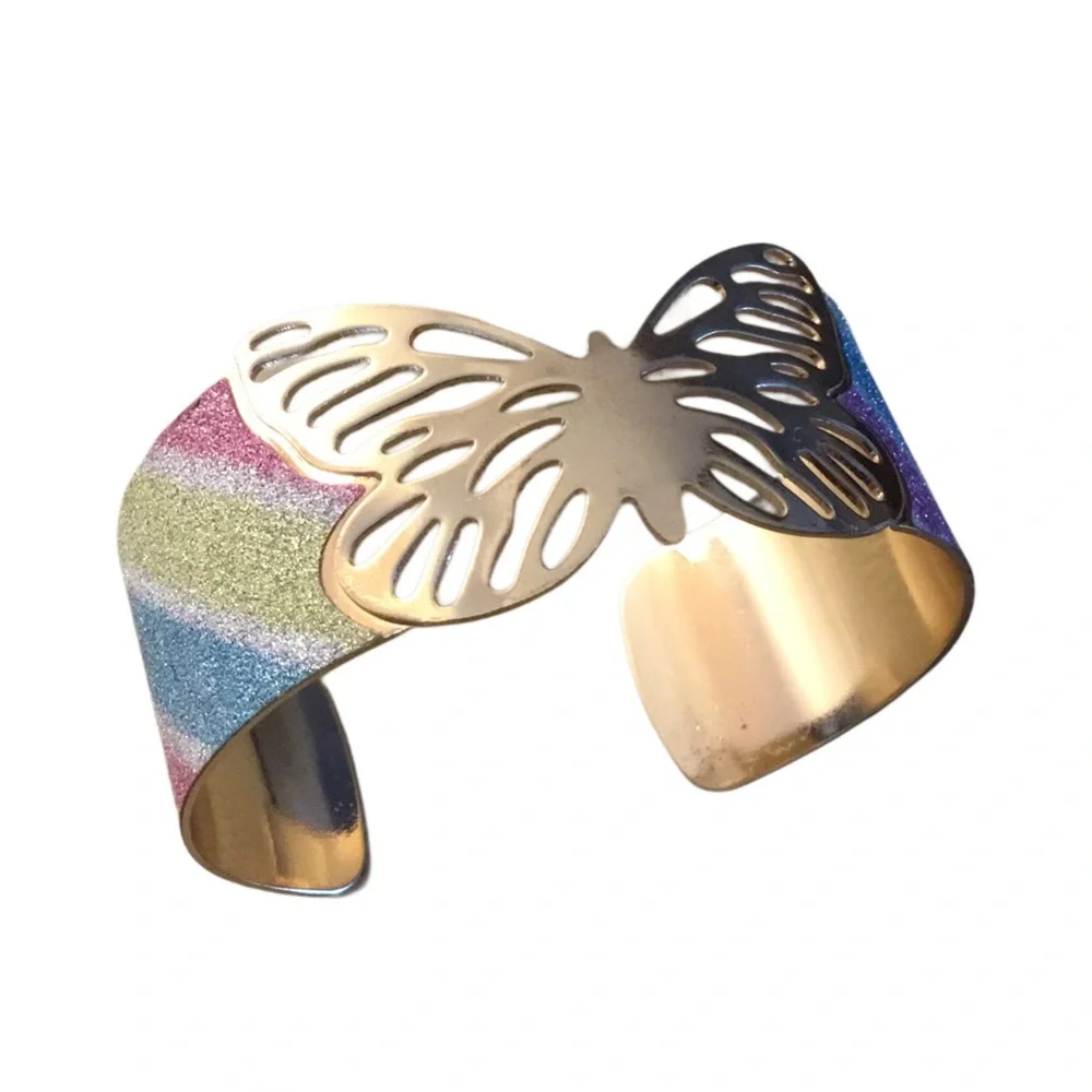 Rose Gold Butterfly Rainbow Sparkle Open Cuff Bracelet